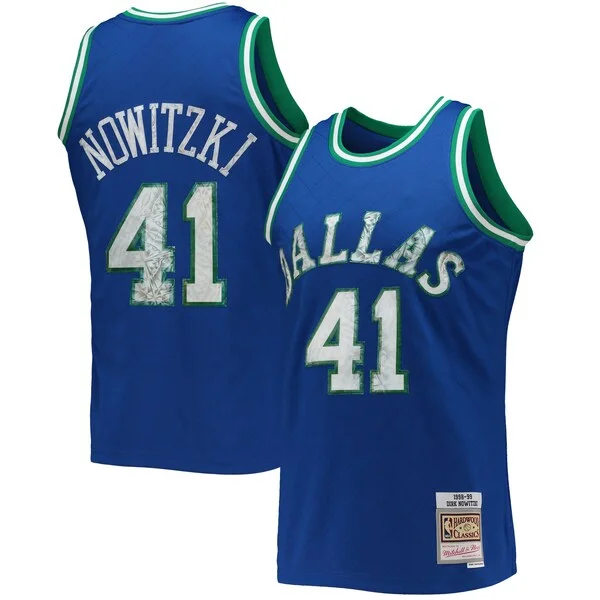 Accattivante Dirk Nowitzki Dallas Mavericks 1998/99 Hardwood Classics NBA 75th Anniversary Diamond Swingman Jersey Blue