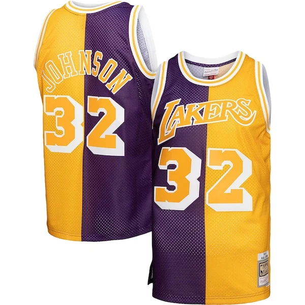 Accattivante Magic Johnson Los Angeles Lakers Big & Tall Hardwood Classics 1984/85 Split Swingman Jersey Purple/Gold