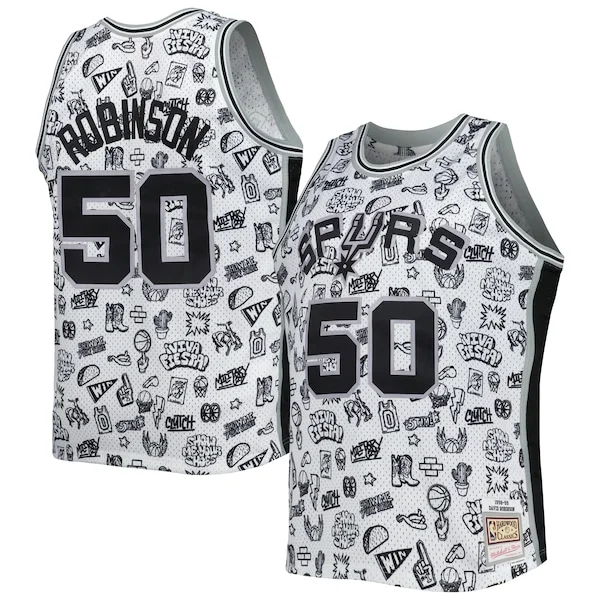 Eccezionale Robusto David Robinson San Antonio Spurs 1998/99 Hardwood Classics Doodle Swingman Player Jersey White