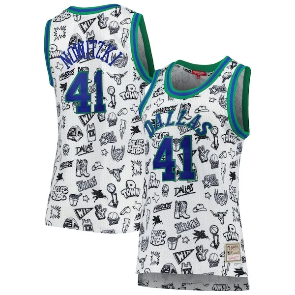 Magnifico Elegante Dirk Nowitzki Dallas Mavericks Women's 1998 Doodle Swingman Jersey White