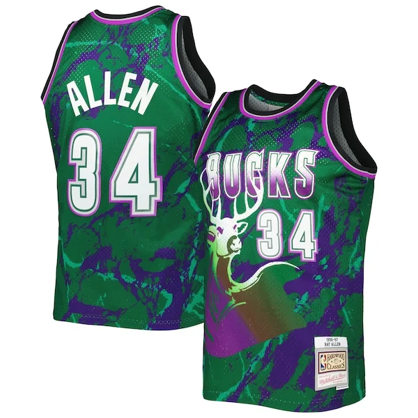 Meraviglioso Ray Allen Milwaukee Bucks 1996/97 Hardwood Classics Marble Swingman Jersey Green