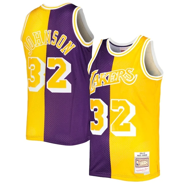 Trendy Magic Johnson Los Angeles Lakers Hardwood Classics 1984/85 Split Swingman Jersey Purple/Gold